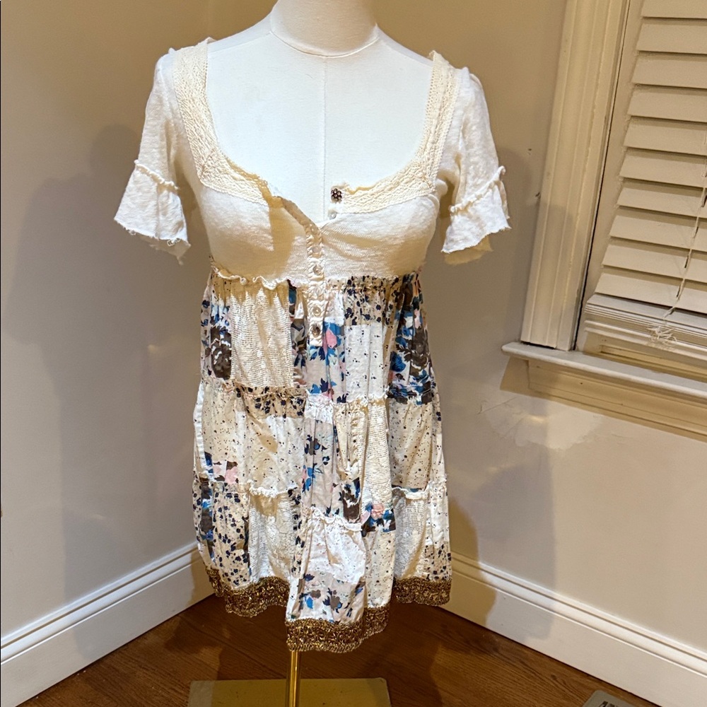 Free People Cream and Blue Patchwork Tunic